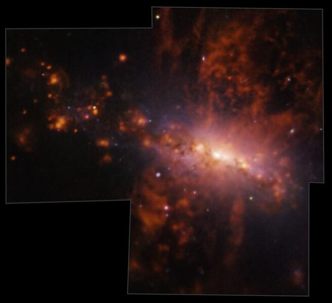 Galaxy NGC 4383 evolving strangely. Gas is flowing from its core at a rate of over 200 km/s. This mysterious gas eruption has a unique cause: star formation.