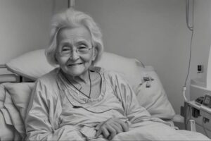 a old woman in a hospital bed and wearing a hospital gown, sitting up and smiling