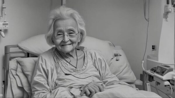 a old woman in a hospital bed and wearing a hospital gown, sitting up and smiling