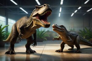 a Tyrannosaurus rex alongside a modern-day crocodile. The T. rex and crocodile are positioned side by side, with their heads at a similar level, emphasizing the comparison of their cognitive abilities.