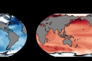 The left panel illustrates sea surface temperature variations between the most recent ice age, approximately 21,000 years ago, and modern preindustrial temperatures. This refined analysis highlights significant cooling over the northern oceans, attributed to the presence of the North American ice sheet, which significantly contributed to the overall global cooling trend. In contrast, the right panel depicts anticipated changes in ocean surface temperatures under a scenario of doubled atmospheric CO2 concentrations in the future. This projection reveals a distinct pattern of temperature change, suggesting lower globally averaged warming than previously anticipated in worst-case scenarios.