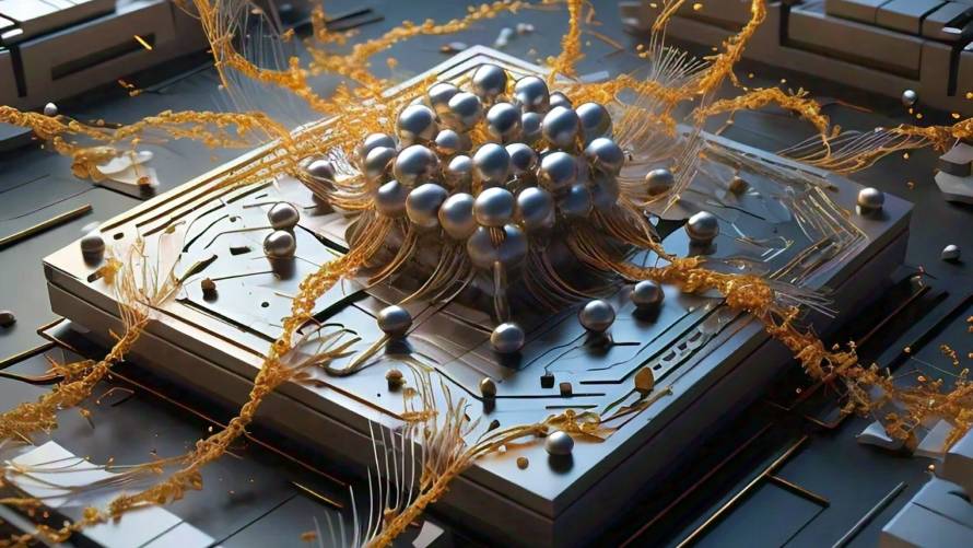 An artistic rendering of a quantum computer processor chip, with DNA strands intertwined and emanating from the qubits.
