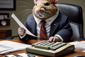 a goat in business casual office clothing uses an old fashioned calculator with white printer paper unfurling out of it, to calculate his taxes