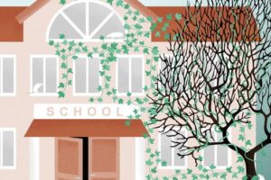 Climbing fibres, in the form of ivy, wrap around the branches of a Purkinje cell-shaped tree, within the vibrant courtyard of a school populated by mice. The illustration captures the essential role of climbing fibres as teaching signals for associative cerebellar learning.
