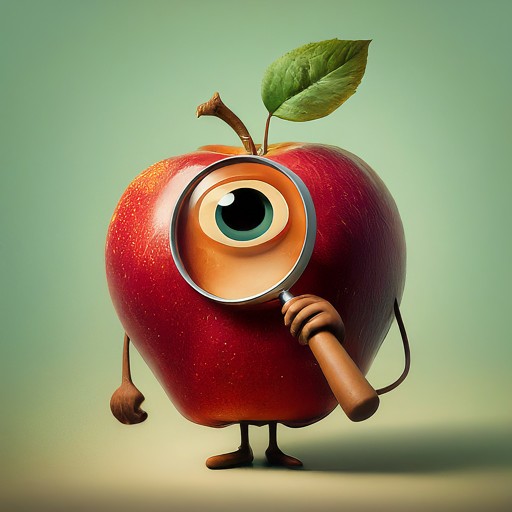 a cartoon, humanized apple looking for data with a magnifying glass