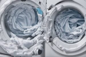 a front-loading washing machine washing white clothing with suds