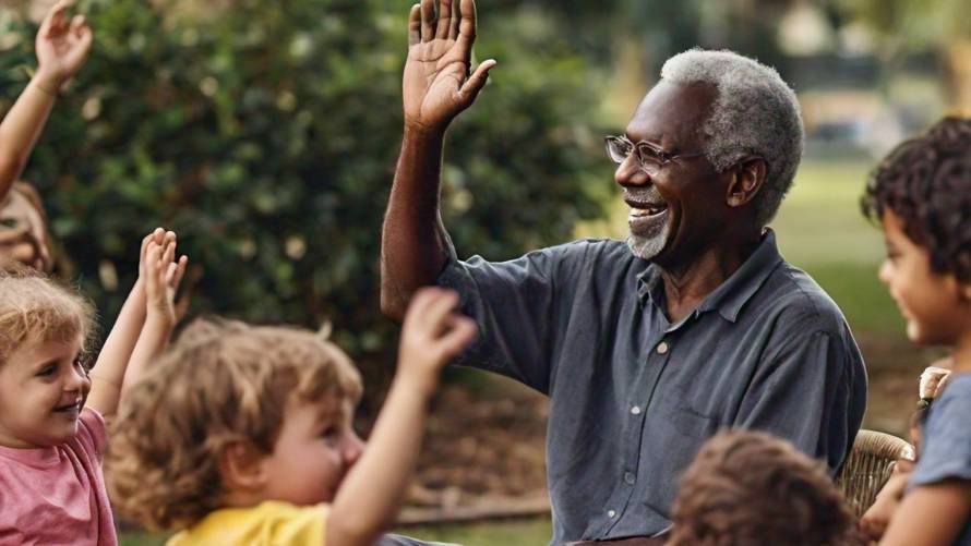 a healthy senior adult smiling and waving to a group of young children (aged 2-5) playing together