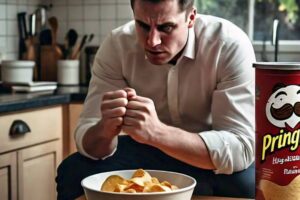 a man using willpower to resist taking a chip from a big bowl of pringles