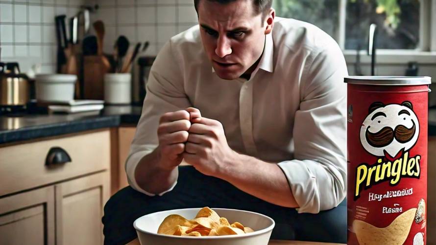 a man using willpower to resist taking a chip from a big bowl of pringles