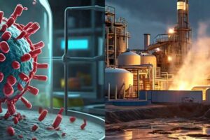 A 3D rendered image of bacteriophages attacking a bacterial cell, with a background showing an oil and gas production facility and a close-up of a water treatment tank.