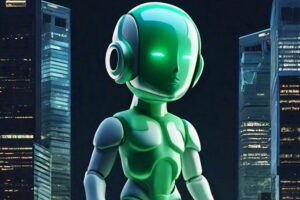 An AI humanoid glowing green