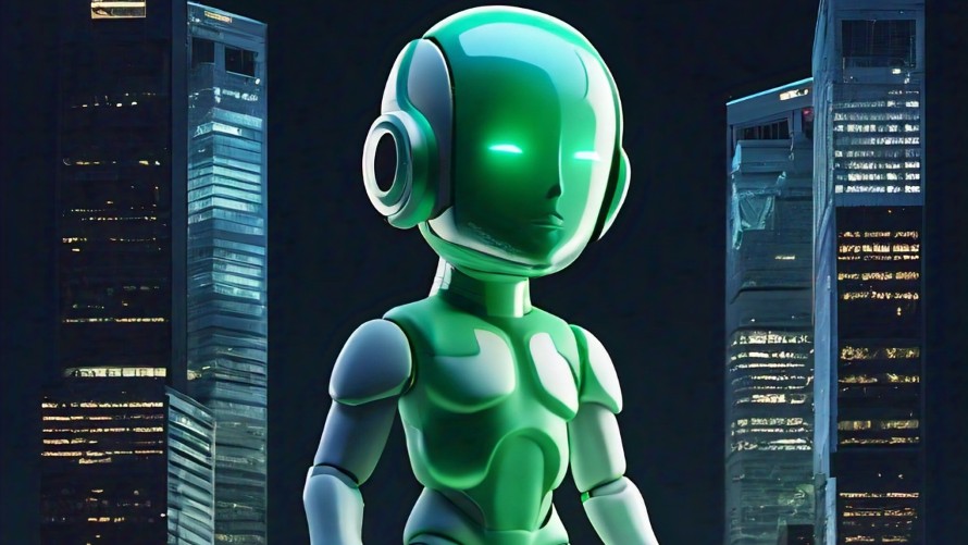 An AI humanoid glowing green