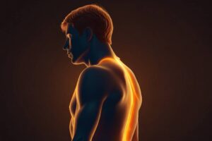 a stylized illustration of a person's silhouette with a glowing, orange-colored region in the upper back and neck area, representing active brown fat.