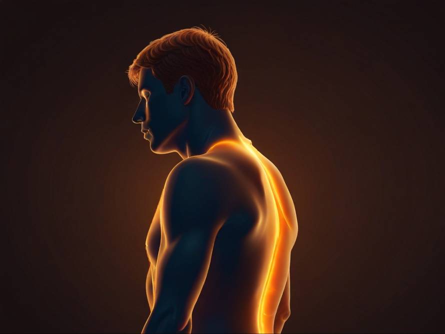 a stylized illustration of a person's silhouette with a glowing, orange-colored region in the upper back and neck area, representing active brown fat.