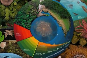 A digital illustration depicting a collage of various ecosystems, including forests, grasslands, and marine environments, with a graph overlay showing the projected decline in biodiversity over time due to land-use change and climate change.