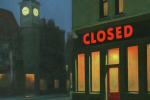 an edward hopper-style painting of a neighborhood tavern closed because it is after 2 AM, with a warmly lit clock in the nearby town square and a prominent CLOSED sign on the bar's front window