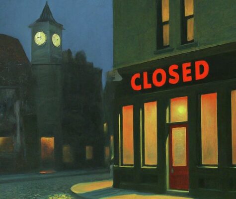an edward hopper-style painting of a neighborhood tavern closed because it is after 2 AM, with a warmly lit clock in the nearby town square and a prominent CLOSED sign on the bar's front window