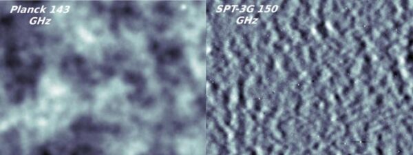 Comparison between CMB data resolution collected by Planck and SPT-3G