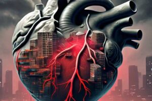 A digital illustration depicting a human heart surrounded by a hazy, polluted cityscape. The image is accompanied by text emphasizing the connection between air pollution, mental health, and cardiovascular health risks.