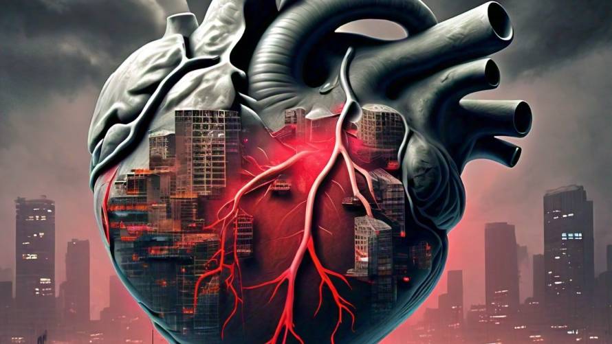 A digital illustration depicting a human heart surrounded by a hazy, polluted cityscape. The image is accompanied by text emphasizing the connection between air pollution, mental health, and cardiovascular health risks.
