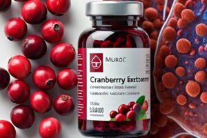 A photo of fresh cranberries alongside a bottle of cranberry extract capsules, with a background showing a magnified view of beneficial gut bacteria.