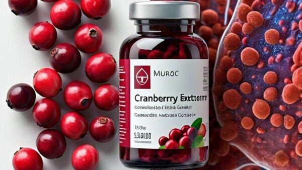 A photo of fresh cranberries alongside a bottle of cranberry extract capsules, with a background showing a magnified view of beneficial gut bacteria.