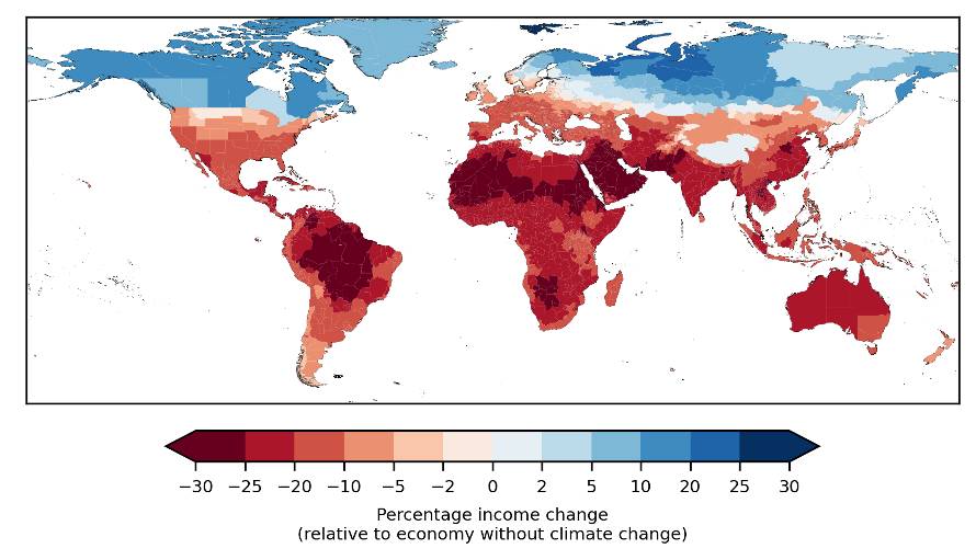 Projected income changes in 2049 compared to an economy without climate change. Income changes are committed in the sense that they are caused by historical emissions. (Image: Kotz et al., Nature)