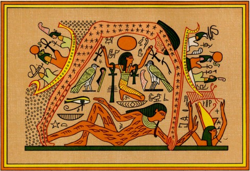 The attached image shows the sky goddess Nut, covered in stars, is held aloft by her father, Shu, and is arched over Geb, her brother the Earth god. On the left, the rising sun (the falcon-headed god Re) sails up Nut’s legs. On the right, the setting sun sails down her arms towards the outstretched arms of Osiris, who will regenerate the sun in the netherworld during the night.