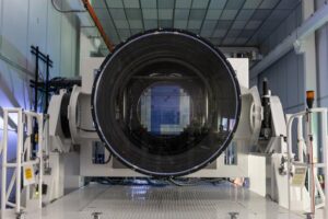 A front view of the completed LSST Camera, showing the 3,200-megapixel focal plane within.