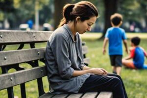 photo of a parent sitting alone on a park bench