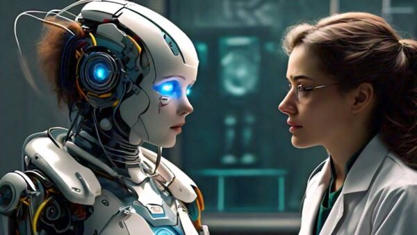 a robot doctor talking to a human patient