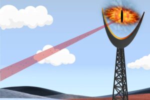 Graphic depicting a new laser-based technology, which can detect potentially harmfful aerosols, as the flaming Eye of Sauron. (Credit: Greg Rieker)