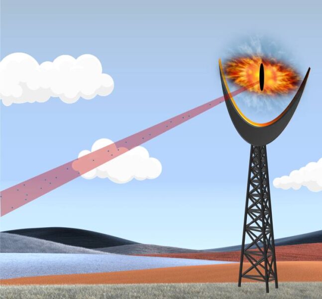 Graphic depicting a new laser-based technology, which can detect potentially harmfful aerosols, as the flaming Eye of Sauron. (Credit: Greg Rieker)