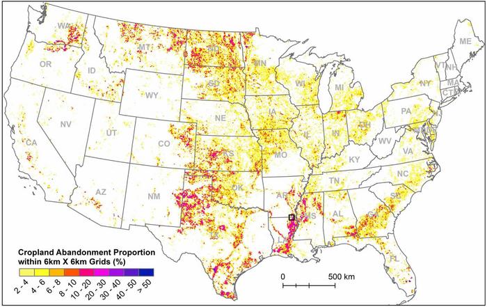 A map showing the percentage of abandoned farmland within a 36-square-kilometer area. Most of the more than 30 million acres of cultivated land abandoned between 1986 and 2018 is concentrated in the Great Plains and the Mississippi River valley.