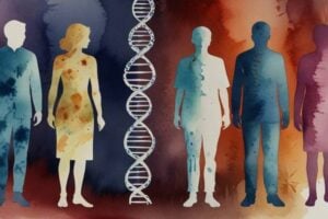 A watercolor painting depicting the impact of discrimination on biological aging. The image shows a stylized human figure with a DNA double helix superimposed on it. The DNA strand is shown with various markers, representing the epigenetic changes associated with accelerated aging. In the background, silhouettes of people are shown in different shades, representing the various forms of discrimination experienced by individuals. The image conveys the connection between discrimination, chronic stress, and the biological processes of aging.