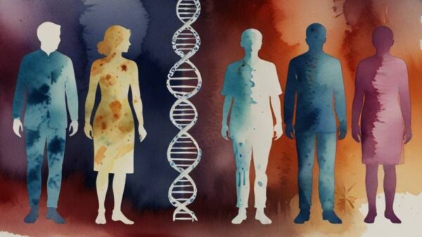 A watercolor painting depicting the impact of discrimination on biological aging. The image shows a stylized human figure with a DNA double helix superimposed on it. The DNA strand is shown with various markers, representing the epigenetic changes associated with accelerated aging. In the background, silhouettes of people are shown in different shades, representing the various forms of discrimination experienced by individuals. The image conveys the connection between discrimination, chronic stress, and the biological processes of aging.