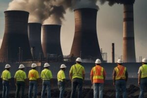Men in yellow vests standing in front of a dirty power plant