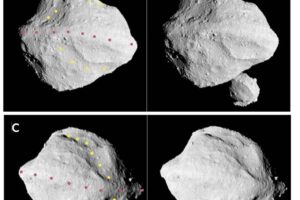 Panels a, b, and c each show stereographic image pairs of the asteroid Dinkinesh taken by the NASA Lucy Spacecraft’s L’LORRI Instrument in the minutes around closest approach on Nov. 1, 2023. The yellow and rose dots indicate the trough and ridge features, respectively. These images have been sharpened and processed to enhance contrast. Panel d shows a side view of Dinkinesh and its satellite Selam taken a few minutes after closest approach. Credit: NASA/SwRI/Johns Hopkins APL/NOIRLab.