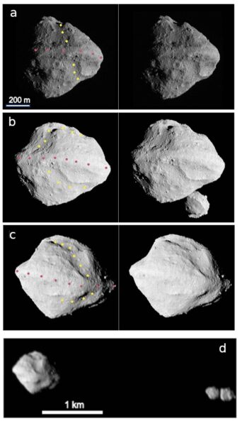 Panels a, b, and c each show stereographic image pairs of the asteroid Dinkinesh taken by the NASA Lucy Spacecraft’s L’LORRI Instrument in the minutes around closest approach on Nov. 1, 2023. The yellow and rose dots indicate the trough and ridge features, respectively. These images have been sharpened and processed to enhance contrast. Panel d shows a side view of Dinkinesh and its satellite Selam taken a few minutes after closest approach. Credit: NASA/SwRI/Johns Hopkins APL/NOIRLab.