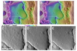 Pre-existing models for the Ina irregular mare patch (A, C, D) compared to more detailed and sharper shape-from-shading models from the study (B, E).