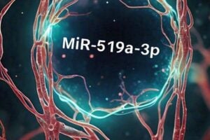 A microscopic view of neurons with a glowing molecule representing the miR-519a-3p biomarker, offering hope for early Alzheimer's detection.