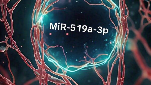 A microscopic view of neurons with a glowing molecule representing the miR-519a-3p biomarker, offering hope for early Alzheimer's detection.