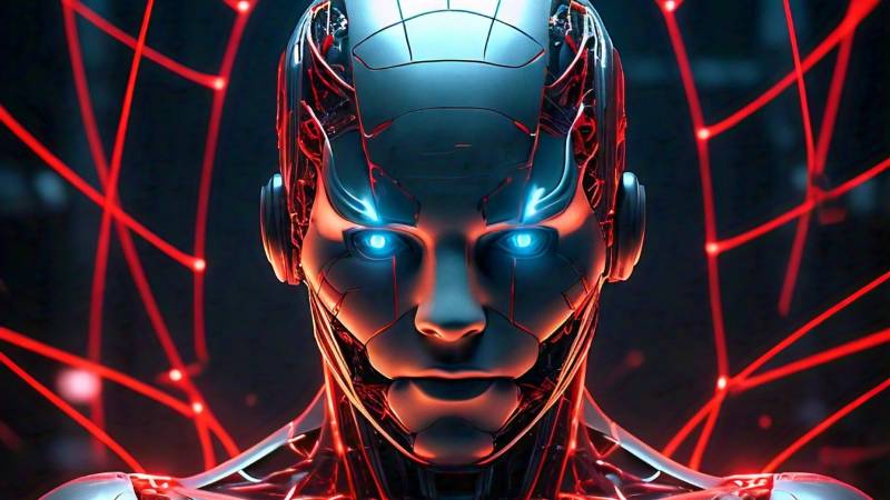 A visually striking image depicting a humanoid robot with a deceptive expression, surrounded by a web of glowing red lines representing the spread of false information