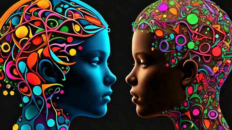 An illustration showing two silhouettes of adolescent heads in profile, one with a jumble of colorful, chaotic shapes inside representing untreated ADHD, and the other with neatly organized shapes representing the effects of medication.