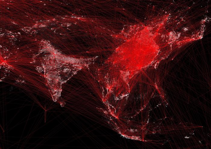 Air Transport Network and Nighttime Light Intensity around Asia for 2019