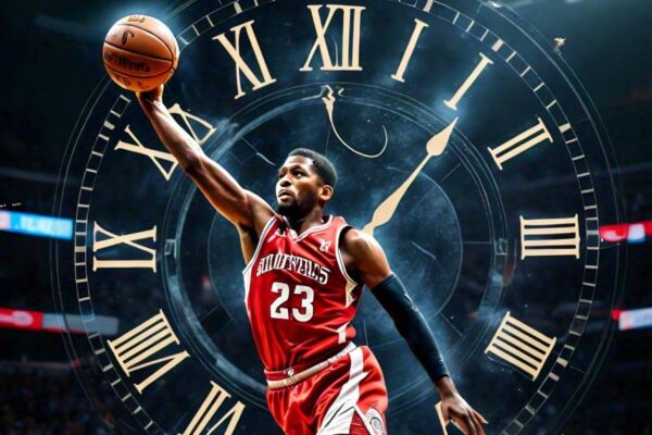 An AI-generated image showing a basketball player shooting a ball, with a clock face superimposed on the background, symbolizing the connection between NBA performance and the body clock. The clock face could be divided into different time zones to represent the impact of travel on player performance.