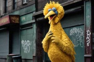 Big bird on Sesame Street coughing and looking a little sick on a corner that looks a lot like sterotypical New York in the 1970s
