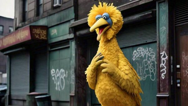 Big bird on Sesame Street coughing and looking a little sick on a corner that looks a lot like sterotypical New York in the 1970s