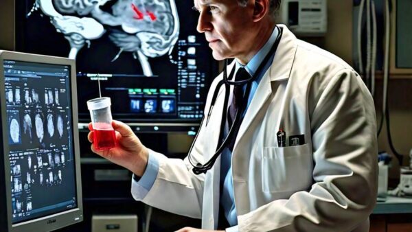 An AI-generated image showing a doctor holding a vial of blood in one hand and pointing to a brain scan with the other, symbolizing the connection between the blood test and predicting stroke and cognitive decline risk.