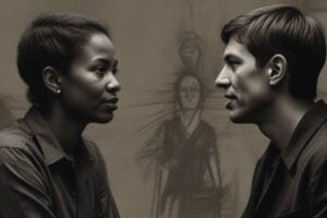 Create an image in the style of a charcoal sketch. image of two people having a respectful political discussion, with one person actively listening while the other speaks. The image conveys a sense of openness, understanding, and a willingness to engage in productive dialogue despite differing viewpoints.
